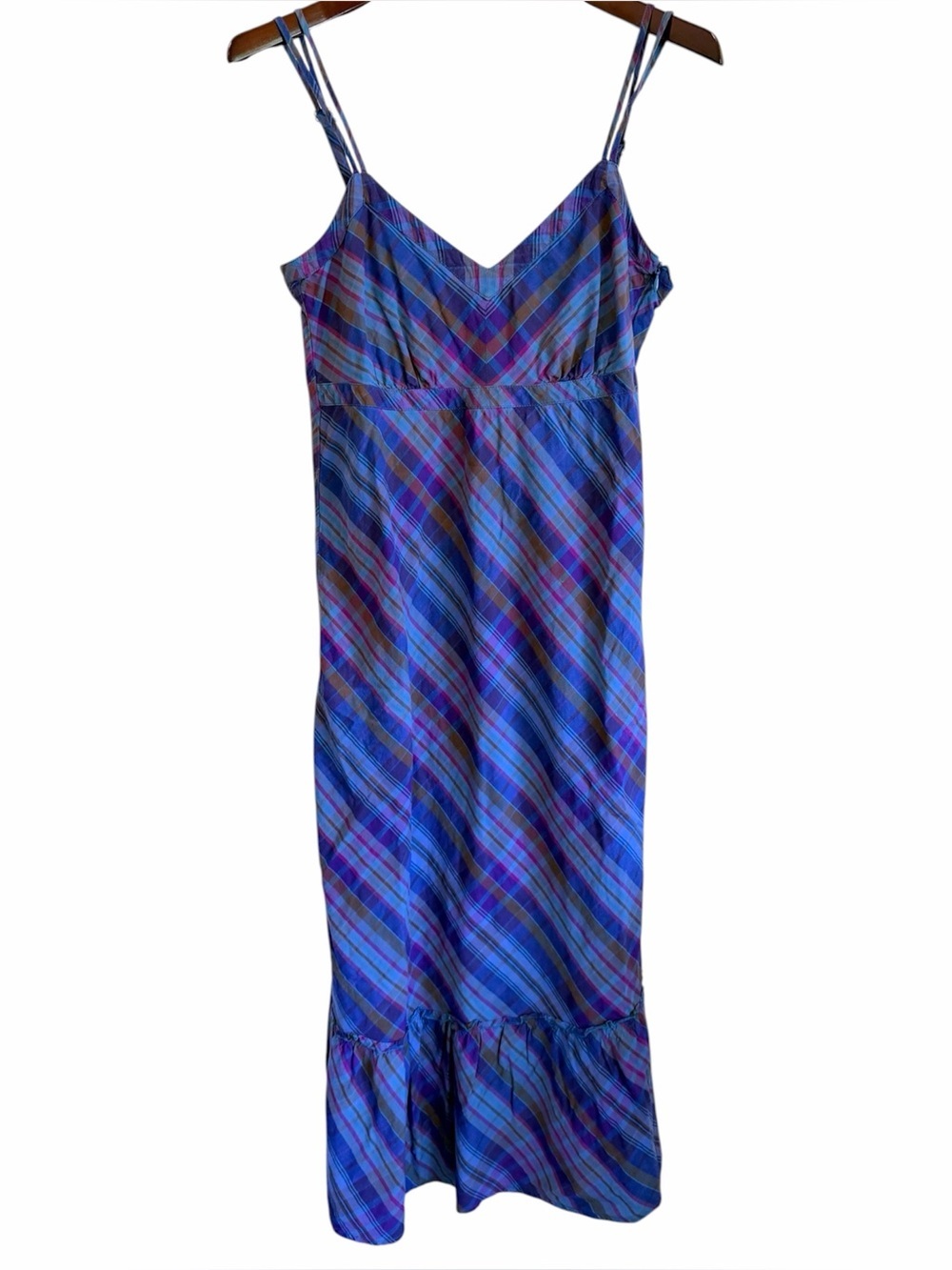 Vintage ESPRIT midi dress, ruffled hem 100%Cotton, plaid print, blue, size S